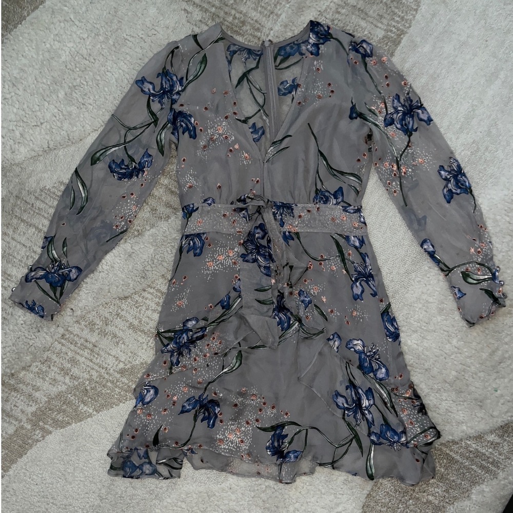 For Love & Lemons Grey Floral Iris Ruffle Mini Dress Long Sleeve V-Neck Small - Picture 2 of 6
